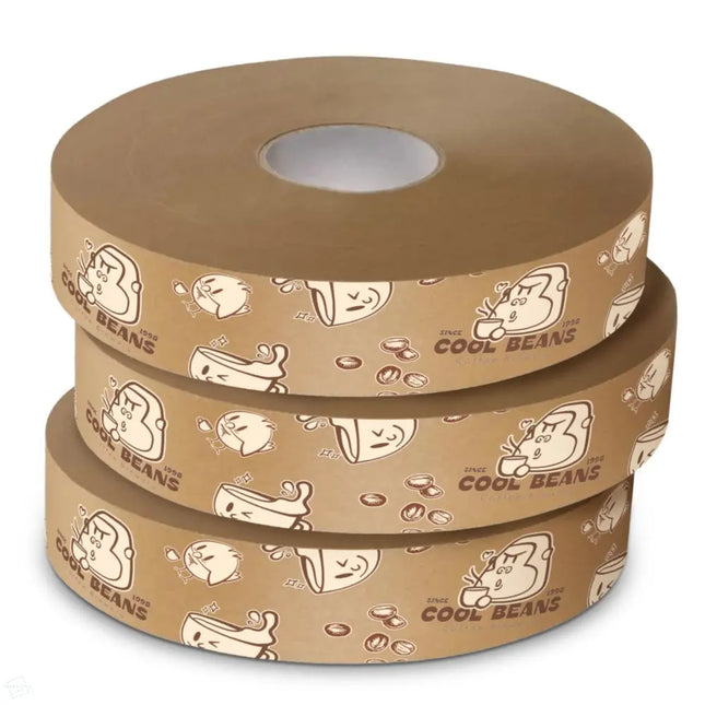 A stack of 3 Custom Printed Paper Machine Tapes, 500m long, 100% recyclable