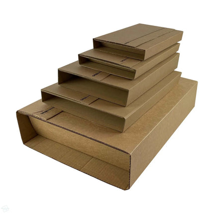 Range photo of the TPC-BW book wrap packaging. Image shows the 5 book wrap sizes stacked in a pyramid, highlighting the different sizes.