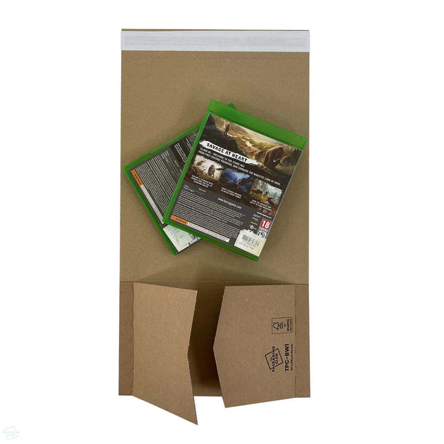 Photo of TPC BW1 Book Wraps 217 x 155 x 0-52 mm - with 2 DVD computer games boxes. Image shows the FSC certified logo and print design of the book wrap.