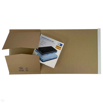 TPC-BW4 Book Wraps 310 x 250 x 0-70 mm open, shot from above showing a hepafilter boxed product inside, showcasing the versatility of book wraps for shipping all kinds of products