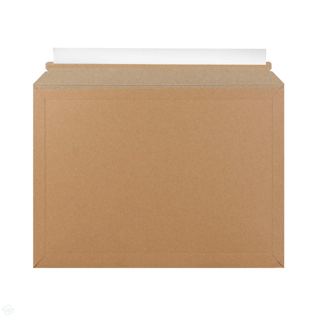 Solid board envelopes, not corrugated, made from cardboard featuring peel and seal and plastic free tear strip. 100% recyclable envelopes for shipping products.