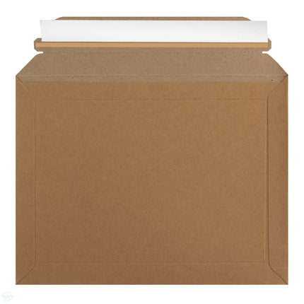 180mm x 235mm solid board cardboard envelope with paper opening strip. No red plastic tear strip used, 100% recyclable peel and seal envelope - reverse view