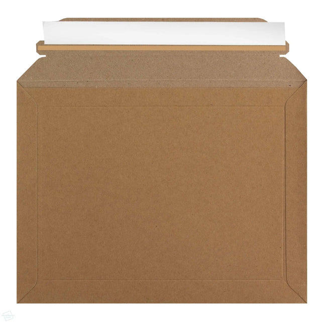 180mm x 235mm solid board cardboard envelope with paper opening strip. No red plastic tear strip used, 100% recyclable peel and seal envelope - reverse view