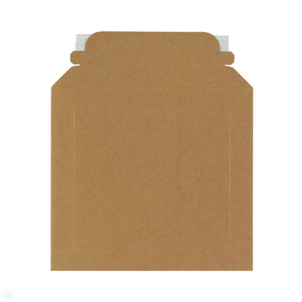 Square solid board cardboard envelopes with plastic free opening strip and peel and seal glue tape strip - top view