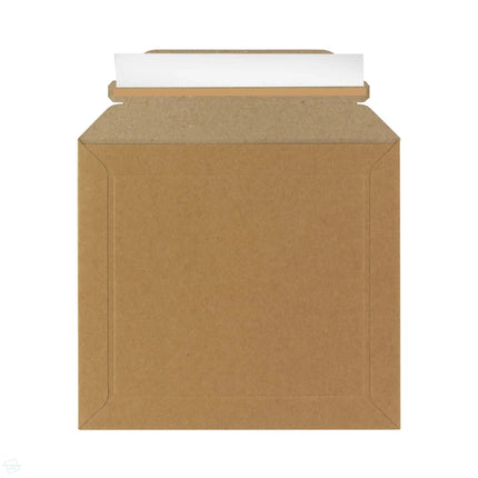 Square solid board cardboard envelopes with plastic free opening strip and peel and seal glue tape strip - reverse