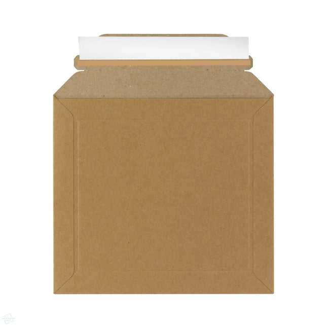 Square solid board cardboard envelopes with plastic free opening strip and peel and seal glue tape strip - reverse