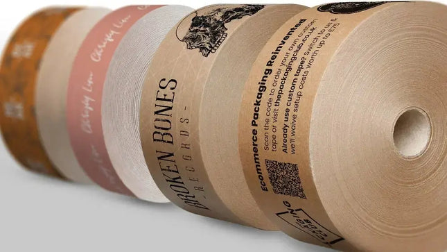 Range shot of custom printed reinforced water activated tape (WAT) - gummed paper tape printed with your logo and marketing messages.