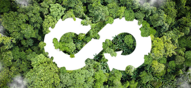 Image of the infinity symbol embedded in the canopy of trees, viewed from above. This represents adopting a circular economy.