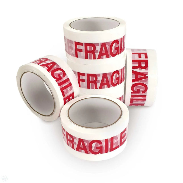 Packing tape with the word fragile printed on it. White tape with red lettering. Perfect for sealing boxes with fragile items inside.