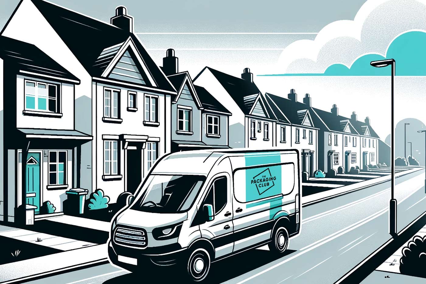 An illustration of a delivery van driving down a street lined with houses.