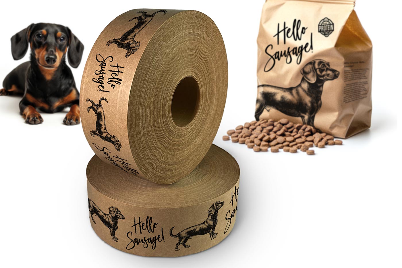 Custom printed water activated tape for pet food brand Hello Sausage