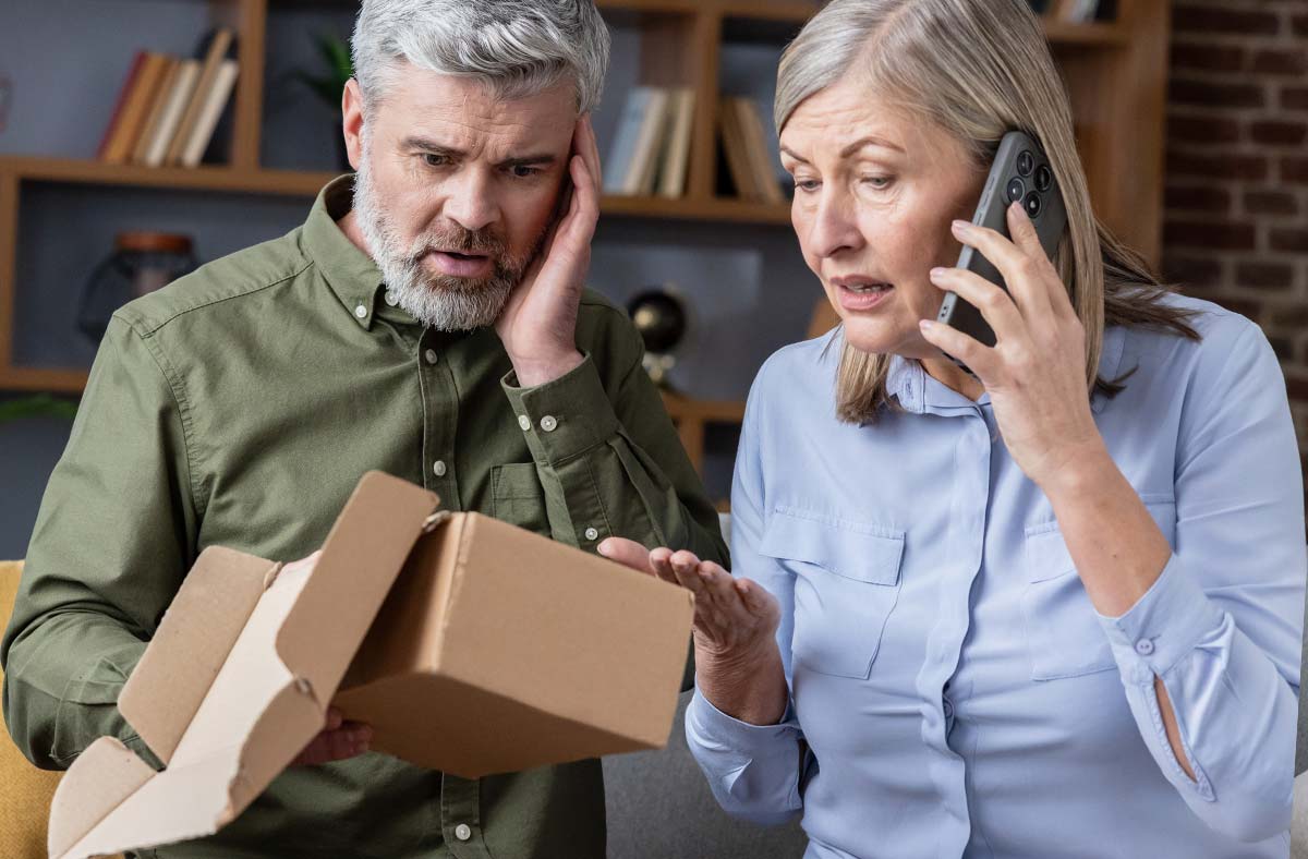 Mature couple feeling shocked and disappointed, discovering an empty delivery package upon opening it at home, with the woman calling to complain about the fraud