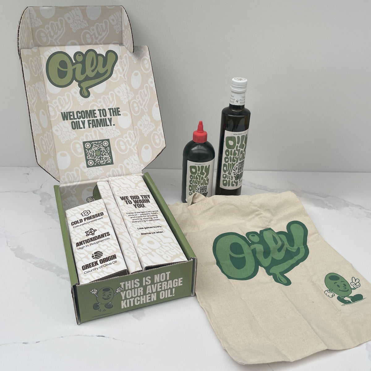 Oily Olive Oil promo packaging design and manufacture
