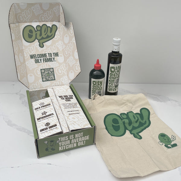 Oily Olive Oil promo packaging design and manufacture