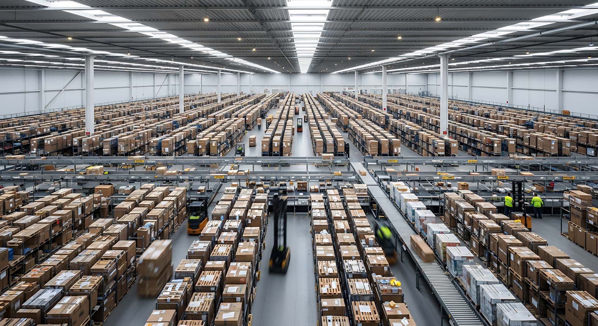 AI automation controlling a warehouse full of pallets, packaging and automated machines