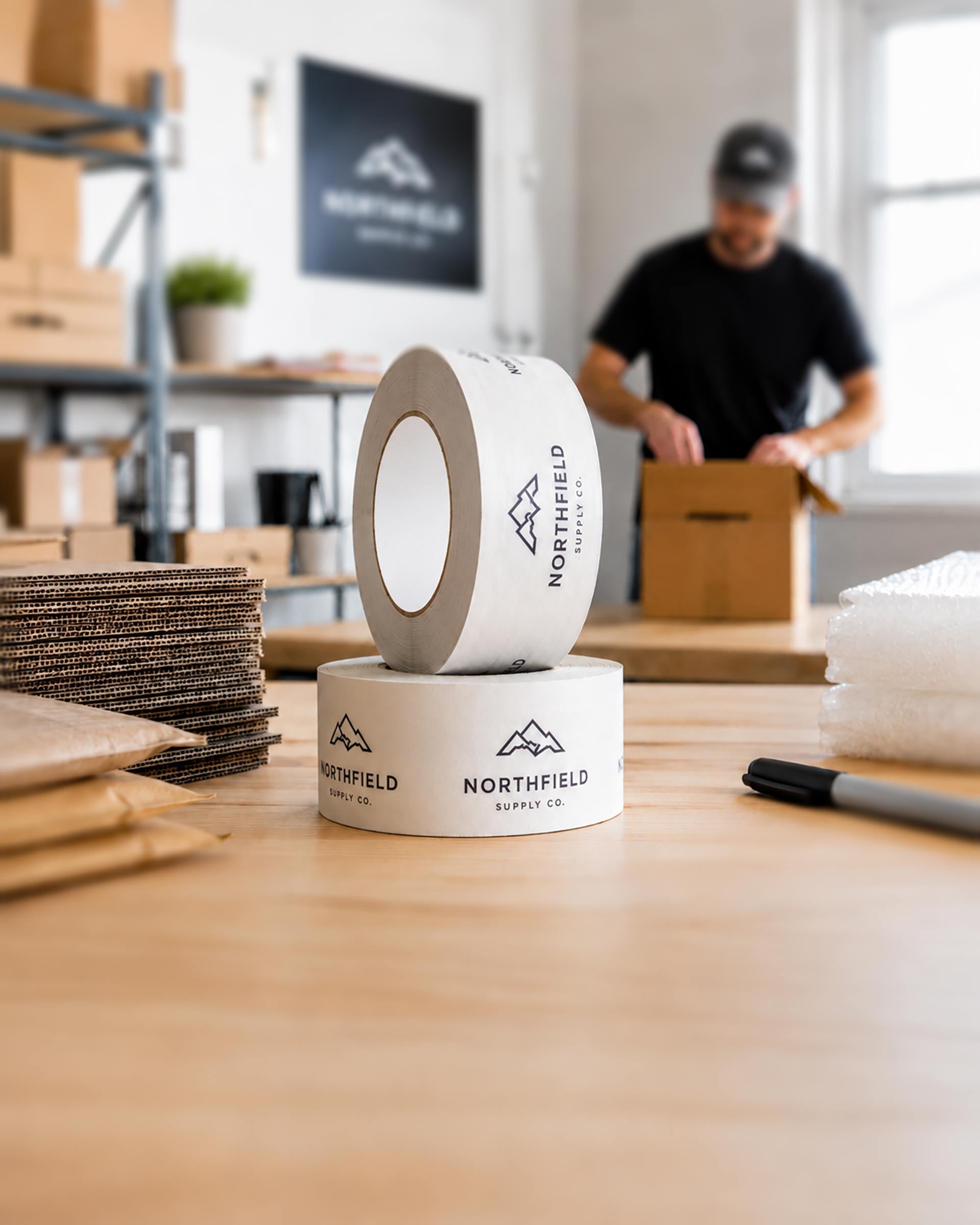 Branded White Paper Tape - minimalist design to make your packaging pop