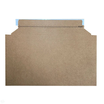 Kraft paper envelope made from natural cardboard with printed open strip - view from the side where the shipping label is applied