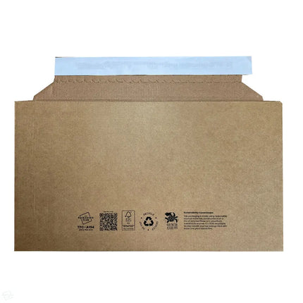 Kraft paper envelope made from natural cardboard with printed content - reverse side with the peel and seal strip visible and open, ready to accept books, magazines, small prints and more. 