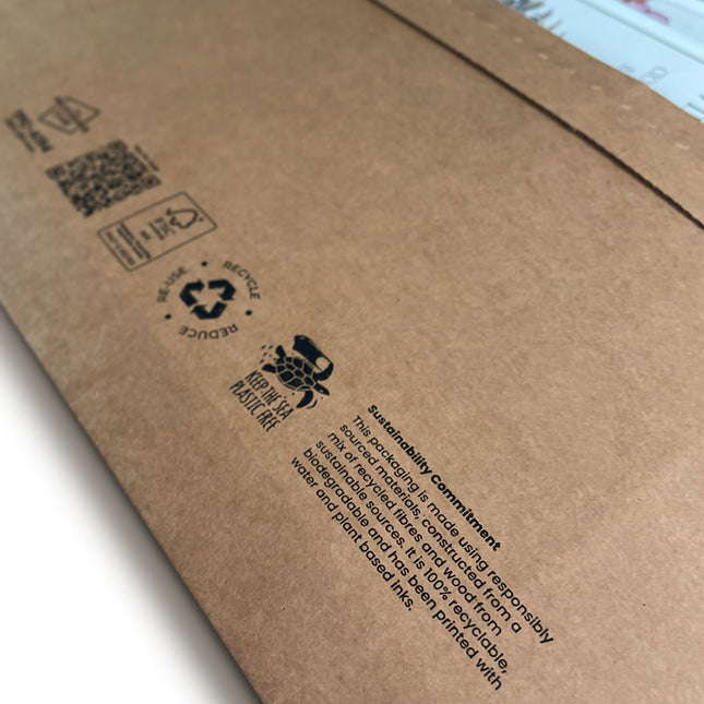 Close-up of a brown cardboard A194 envelope with sustainability information printed on it. Manufactured from high quality E-flute corrugated cardboard