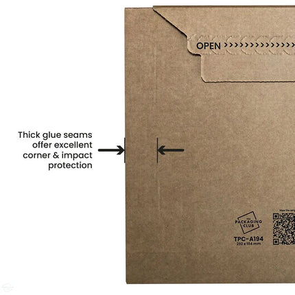 Envelope made from natural cardboard with printed content - arrow and text highlights the thick glue seams that offer impact protection, wording states "Thick glue seams offer excellent corner & impact protection"