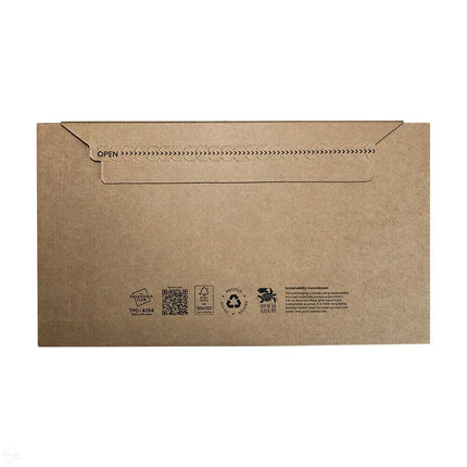 Envelope made from natural cardboard with printed content, sealed closed, highlighting it's robust design, recyclability, FSC certified, printed with eco-friendly inks and is plastic free and ocean friendly.