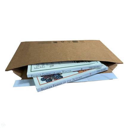 Stack of books titled 'Flower Fairies' inside a cardboard A194 envelope on a white background - highlighting the expandable nature of the envelope.