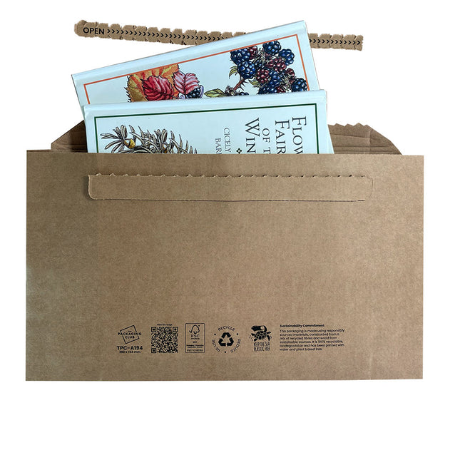 Kraft paper envelope made from natural cardboard with printed content on a white background