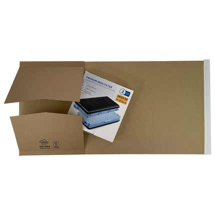 TPC-BW4 Book Wraps 310 x 250 x 0-70 mm open, shot from above showing a hepafilter boxed product inside, showcasing the versatility of book wraps for shipping all kinds of products