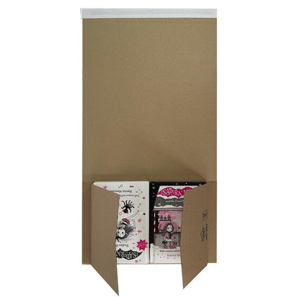 TPC-BW3 Book Wraps 280 x 205 x 0-70 mm - carrying two small story books inside the mailer, highlighting the versatile nature of the packaging.