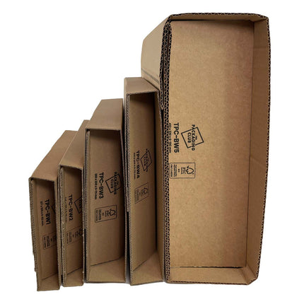 Range photo of the TPC-BW book wrap packaging. Image shows the 5 book wrap sizes end on, highlighting the different sizes and the print design showing their product codes.