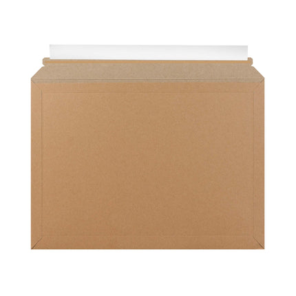 Solid board envelopes, not corrugated, made from cardboard featuring peel and seal and plastic free tear strip. 100% recyclable envelopes for shipping products.