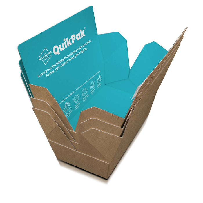 QuikPak® branded ecommerce packaging — pre-assembled and stacked, ready to fill