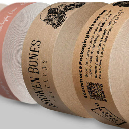 Range shot of custom printed reinforced water activated tape (WAT) - gummed paper tape printed with your logo and marketing messages.