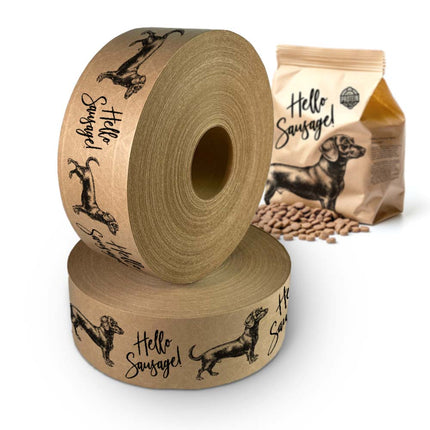 Custom printed gummed paper tape or WAT (water activated tape) for brand Hello Sausage - specialist dog food for Dachshunds