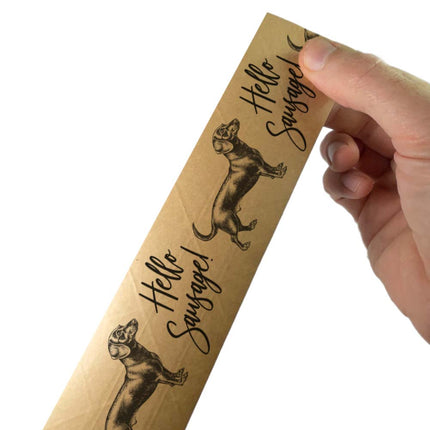 custom branded reinforced kraft paper tape for dog food business "Hello Sausage"