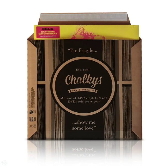 Custom printed vinyl record mailers design, featuring a 100% recyclable corrugated material, printed with plant-based black ink. The print design features a logo and a vertical lock up, with text "I'm fragile... ...show me some love" as well as the Chalky's logo, and tag line. Designed for UK-based vinyl seller Chalky's.