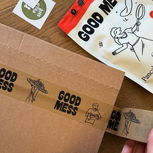 Custom paper packing tape for sustainable food brand Good Mess