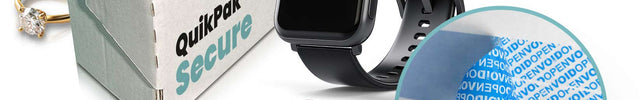 Smartphone, smartwatch, and jewelry with QuikPak Secure tamper evident packaging on a white background