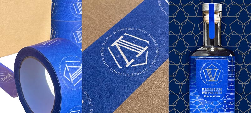 Colour matched pantone printed blue custom tape for VRUM premium rum drinks brand, made from white kraft paper, 100% recyclable.