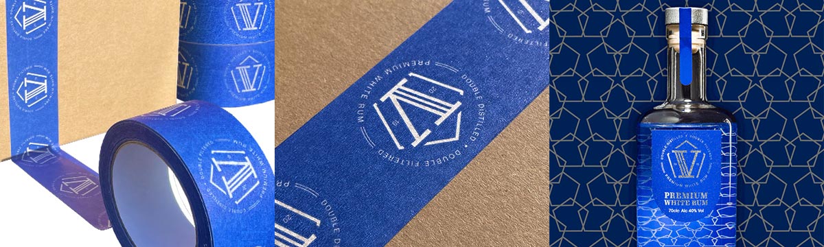 Colour matched pantone printed blue custom tape for VRUM premium rum drinks brand, made from white kraft paper, 100% recyclable.