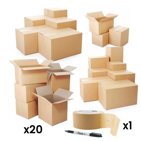 Removal cardboard boxes kit containing 20 boxes a roll of paper packing tape and a marker pen