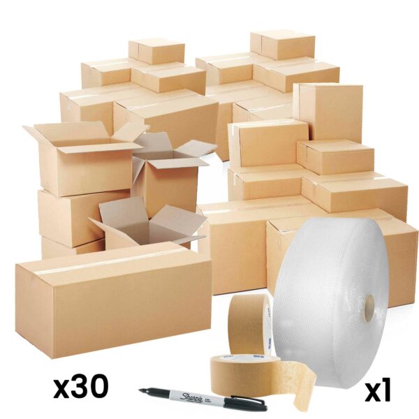 2-3 bedroom box kit for moving home - includes 30 boxes, 2 50m rolls of tape, marker pen and 100m of 300mm wide bubble wrap