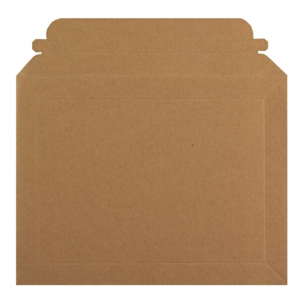 180mm x 235mm solid board cardboard envelope with paper opening strip. 100% recyclable peel & seal envelope - top view