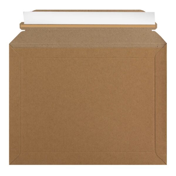 180mm x 235mm solid board cardboard envelope with paper opening strip. No red plastic tear strip used, 100% recyclable peel and seal envelope - reverse view