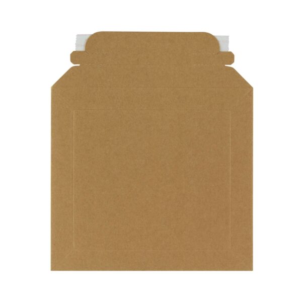 Square solid board cardboard envelopes with plastic free opening strip and peel and seal glue tape strip - top view