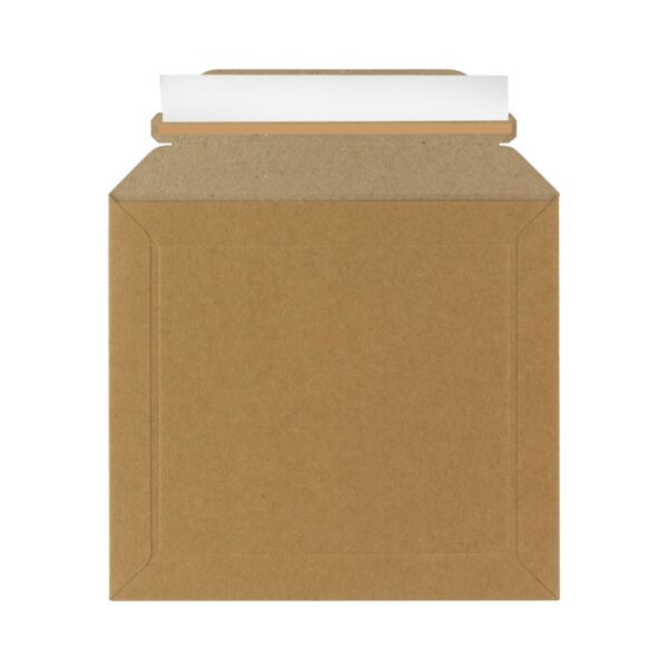 Square solid board cardboard envelopes with plastic free opening strip and peel and seal glue tape strip - reverse
