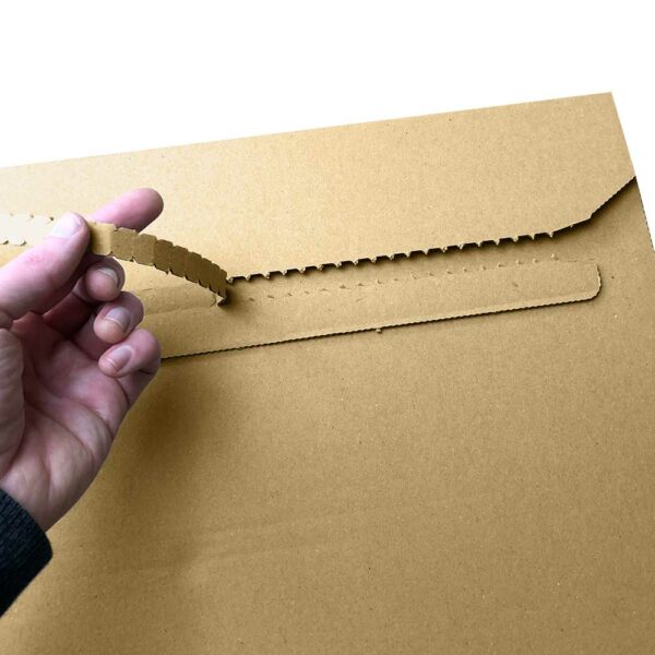 Close up image of a large peel and seal corrugated postal wrap being opened.
