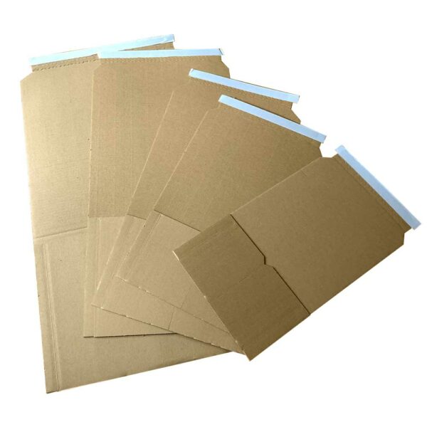 a picture of 5 different sizes of postal wraps with plastic free frustration free opening and peel and seal strips