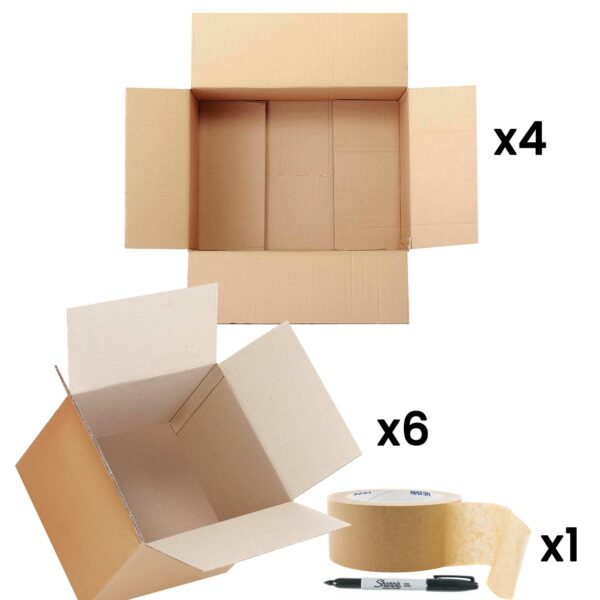 student cardboard box, tape and pen kit for moving home